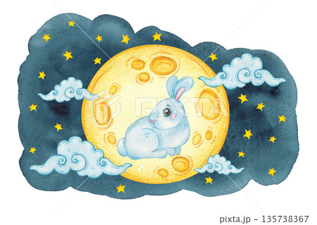 A moon hare sits on the moon among stars and clouds. Hand-drawn watercolor illustration, cartoon. Design for scrapbooking, sticker, card, banner. Mid-Autumn Day, dreams, baby, fairy tale, legend 135738367
