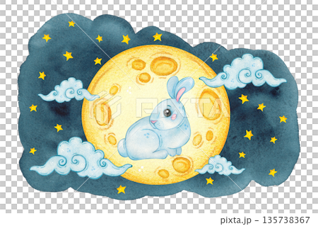 A moon hare sits on the moon among stars and clouds. Hand-drawn watercolor illustration, cartoon. Design for scrapbooking, sticker, card, banner. Mid-Autumn Day, dreams, baby, fairy tale, legend 135738367