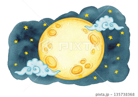 A full moon among stars and clouds on a dark watercolor spot. Hand-drawn watercolor illustration, cartoon. Suitable for scrapbooking, sticker, card, banner. Mid-Autumn Day, dream, baby, fairy tale A full moon among stars and clouds on a dark watercolor spot. Hand-drawn watercolor illustration, cartoon. Suitable for scrapbooking, sticker, card, banner. Mid-Autumn Day, dream, baby, fairy tale 135738368