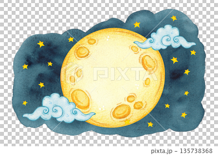 A full moon among stars and clouds on a dark watercolor spot. Hand-drawn watercolor illustration, cartoon. Suitable for scrapbooking, sticker, card, banner. Mid-Autumn Day, dream, baby, fairy tale A full moon among stars and clouds on a dark watercolor spot. Hand-drawn watercolor illustration, cartoon. Suitable for scrapbooking, sticker, card, banner. Mid-Autumn Day, dream, baby, fairy tale 135738368