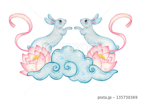 Two hares, ribbons, a lotus flower, and a cloud. Hand-drawn watercolor cartoon illustration. Design for scrapbooking, stickers, cards. Animals, plants, holiday, Mid-Autumn Day, Asia, mooncake 135738369