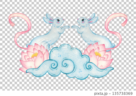 Two hares, ribbons, a lotus flower, and a cloud. Hand-drawn watercolor cartoon illustration. Design for scrapbooking, stickers, cards. Animals, plants, holiday, Mid-Autumn Day, Asia, mooncake 135738369