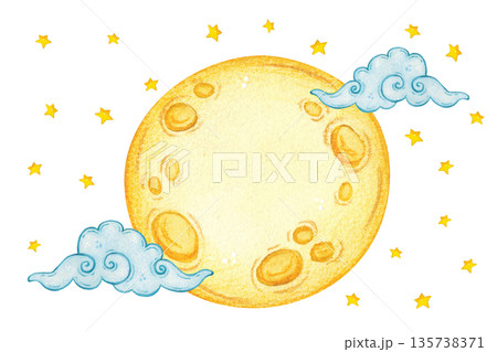 A full moon among stars and clouds. Hand-drawn watercolor illustration, cartoonish. Suitable for scrapbooking, stickers, cards, banners. Holiday, Mid-Autumn Day, dreams, baby, fairy tale, legend 135738371