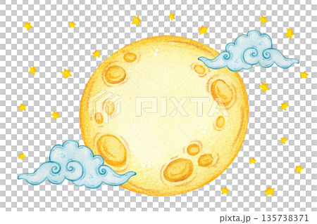 A full moon among stars and clouds. Hand-drawn watercolor illustration, cartoonish. Suitable for scrapbooking, stickers, cards, banners. Holiday, Mid-Autumn Day, dreams, baby, fairy tale, legend 135738371