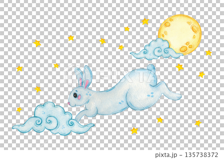 A blue hare hops among stars and clouds. Hand-drawn watercolor cartoon illustration. Suitable for scrapbooking, stickers, cards, banners. Mid-Autumn Day, Asia, animal, dreams, baby, fairy tale, legend 135738372
