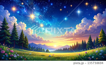 星で縁取られた幻想的な夜空背景2 星で縁取られた幻想的な夜空背景2 135738694