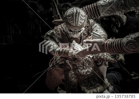 Traditional Puppet of Hanuman in Ramakien or Ramayana Story with thai puppeteers from Ramayana epic story at Baan Silapin (Artist House) in klong bang luang floating market. 135738785