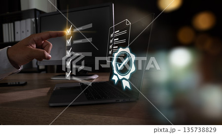 Quality document control checklist approve concept with tick correct checkbox mark tick certification badge, businessman using hand signs verifies ISO certification Quality document control checklist approve concept with tick correct checkbox mark tick certification badge, businessman using hand signs verifies ISO certification 135738829