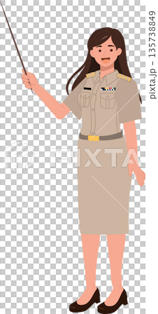 female teacher in official uniform holding a pointer, in classroom or seminar during a lesson, female teacher in official uniform holding a pointer, in classroom or seminar during a lesson, 135738849