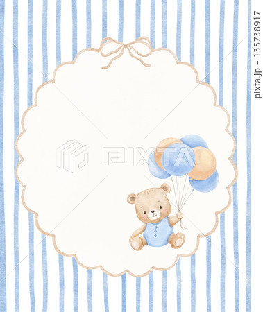 Cute teddy bear with balloons watercolor design for baby boy card, character for nursery poster, template Cute teddy bear with balloons watercolor design for baby boy card, character for nursery poster, template 135738917