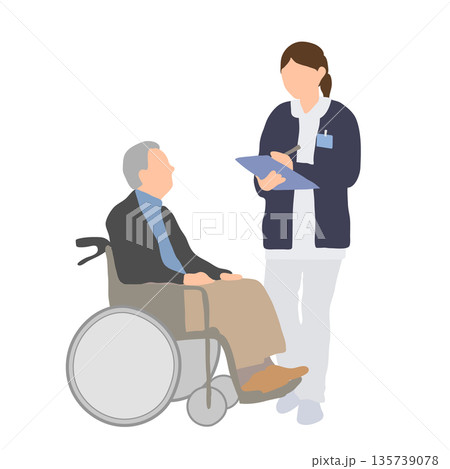 車椅子の高齢者に説明を行う医療スタッフのイラスト 135739078