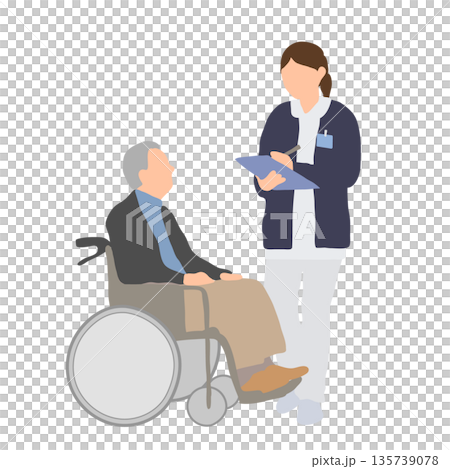 醫護人員向坐在輪椅上的老人講解的插圖 135739078