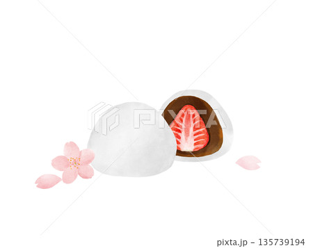 白い苺大福と桜の花・瑞々しい断面の和菓子・春のスイーツ・水彩イラスト素材 135739194