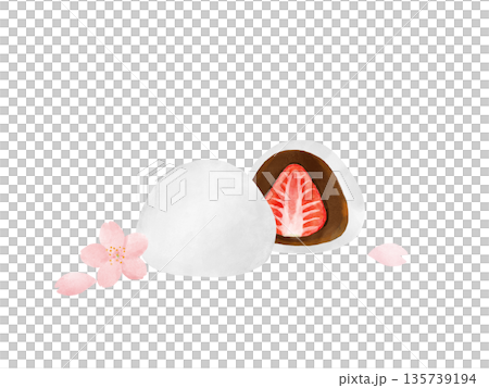 白い苺大福と桜の花・瑞々しい断面の和菓子・春のスイーツ・水彩イラスト素材 135739194