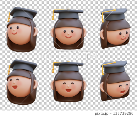 Cute 3D female student character face wearing graduation cap 135739286