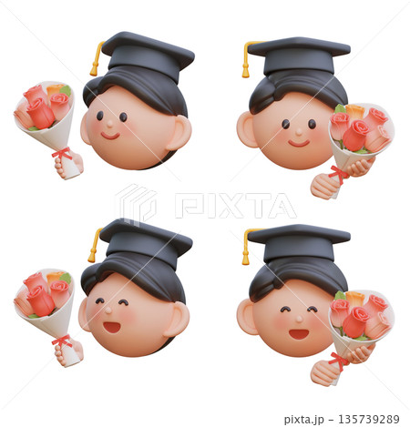 Cute 3D male student character holding graduation flower bouquet Cute 3D male student character holding graduation flower bouquet 135739289