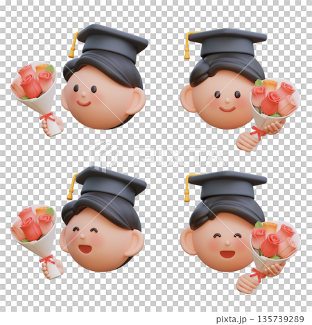 Cute 3D male student character holding graduation flower bouquet Cute 3D male student character holding graduation flower bouquet 135739289