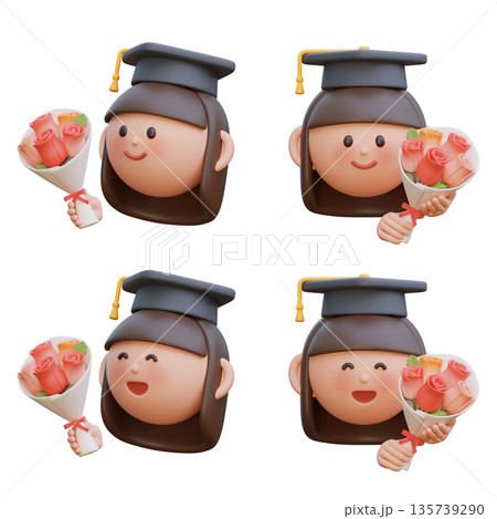Cute 3D female student character holding graduation flower bouquet Cute 3D female student character holding graduation flower bouquet 135739290