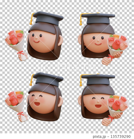 Cute 3D female student character holding graduation flower bouquet Cute 3D female student character holding graduation flower bouquet 135739290
