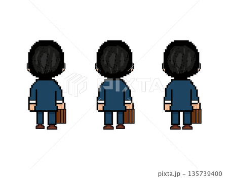 メガネの社会人男性歩く(後ろ)_ドット絵_青い服 メガネの社会人男性歩く(後ろ)_ドット絵_青い服 135739400
