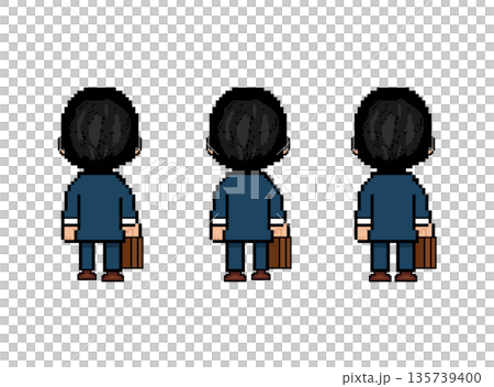 メガネの社会人男性歩く(後ろ)_ドット絵_青い服 メガネの社会人男性歩く(後ろ)_ドット絵_青い服 135739400