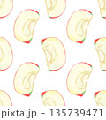 Illustration of an apple, slice, and half, hand-drawn watercolor fruit seamless pattern. Ripe realistic seasonal fruit. 135739471