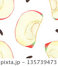 Illustration of an apple, slice, and half, hand-drawn watercolor fruit seamless pattern. Ripe realistic seasonal fruit. 135739473