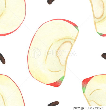 Illustration of an apple, slice, and half, hand-drawn watercolor fruit seamless pattern. Ripe realistic seasonal fruit. Illustration of an apple, slice, and half, hand-drawn watercolor fruit seamless pattern. Ripe realistic seasonal fruit. 135739473