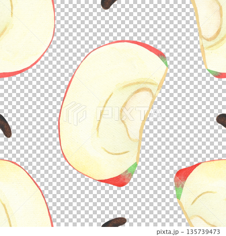 Illustration of an apple, slice, and half, hand-drawn watercolor fruit seamless pattern. Ripe realistic seasonal fruit. Illustration of an apple, slice, and half, hand-drawn watercolor fruit seamless pattern. Ripe realistic seasonal fruit. 135739473
