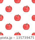 Illustration of an apple, slice, and half, hand-drawn watercolor fruit seamless pattern. Ripe realistic seasonal fruit. 135739475