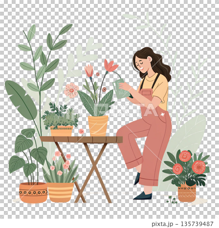 Botanical vector illustration of a young woman plant lover white background  135739487