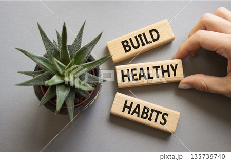 Healthy habits symbol. Concept word Build Healthy habits on wooden blocks. Doctor hand. Beautiful grey background with succulent plant. Healthy lifestyle and Healthy habits concept. Copy space 135739740