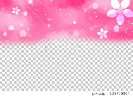 Background with vibrant pink cherry blossom flowers and petals at the top Background with vibrant pink cherry blossom flowers and petals at the top 135739804