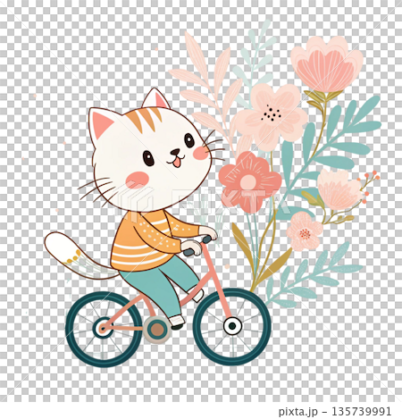 Cute cartoon cat riding a bicycle oversized floral bouquet attached to the back White Background Cute cartoon cat riding a bicycle oversized floral bouquet attached to the back White Background 135739991