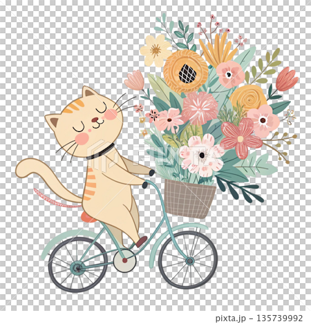 Cute cartoon cat riding a bicycle oversized floral bouquet attached to the back White Background Cute cartoon cat riding a bicycle oversized floral bouquet attached to the back White Background 135739992