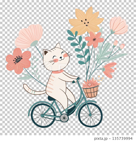 Cute cartoon cat riding a bicycle oversized floral bouquet attached to the back White Background 135739994