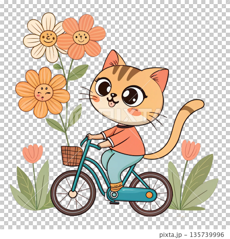Cute cartoon cat riding a bicycle oversized floral bouquet attached to the back White Background Cute cartoon cat riding a bicycle oversized floral bouquet attached to the back White Background 135739996