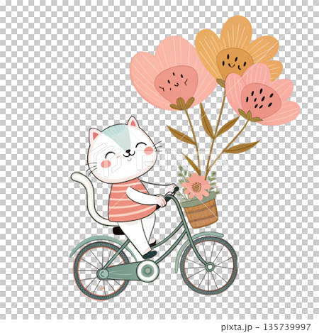 Cute cartoon cat riding a bicycle oversized floral bouquet attached to the back White Background Cute cartoon cat riding a bicycle oversized floral bouquet attached to the back White Background 135739997