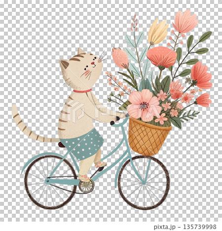 Cute cartoon cat riding a bicycle oversized floral bouquet attached to the back White Background Cute cartoon cat riding a bicycle oversized floral bouquet attached to the back White Background 135739998