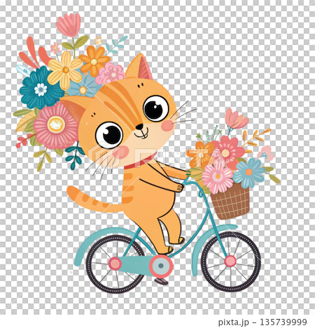 Cute cartoon cat riding a bicycle oversized floral bouquet attached to the back White Background 135739999