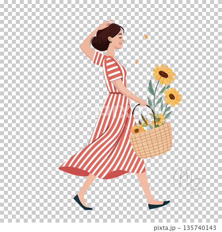 modern woman holding sunflower basket White Background 135740143