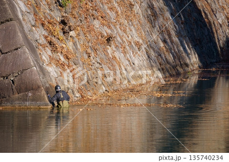 堀の水の中から石垣の掃除をする人 135740234