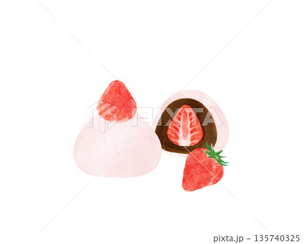 いちごのせ苺大福と断面のイラスト・ピンクの可愛い和菓子セット・春のスイーツ・コピースペース いちごのせ苺大福と断面のイラスト・ピンクの可愛い和菓子セット・春のスイーツ・コピースペース 135740325