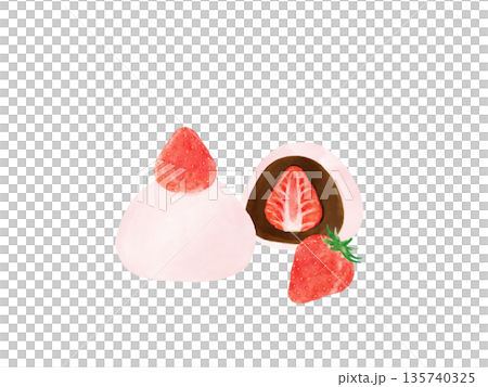 いちごのせ苺大福と断面のイラスト・ピンクの可愛い和菓子セット・春のスイーツ・コピースペース いちごのせ苺大福と断面のイラスト・ピンクの可愛い和菓子セット・春のスイーツ・コピースペース 135740325