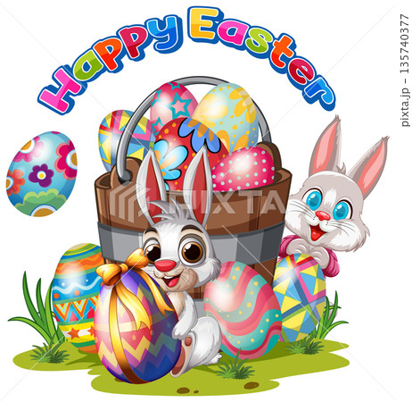 Happy Easter Vector Illustration with Bunnies and Colorful Painted Eggs 135740377