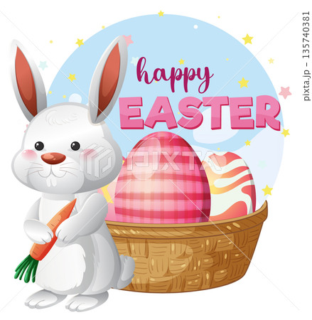 Cute White Easter Bunny Holding Carrot Next to Basket of Eggs 135740381
