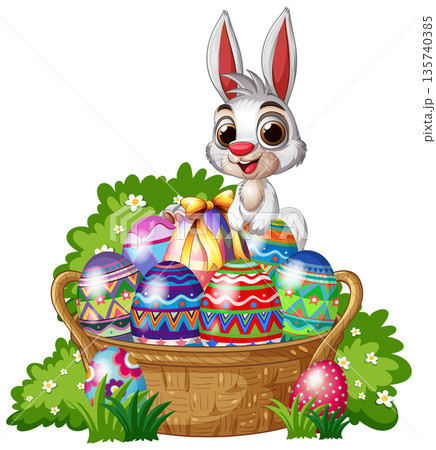Cartoon Easter Bunny Sitting Behind a Basket of Colorful Decorated Eggs 135740385