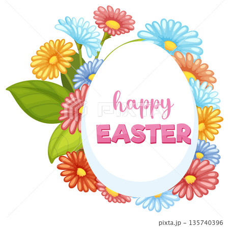 Happy Easter Greeting Card with Colorful Spring Flowers and Egg Shape 135740396