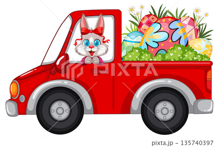Cartoon Easter Bunny Driving a Red Pickup Truck Filled With Eggs 135740397