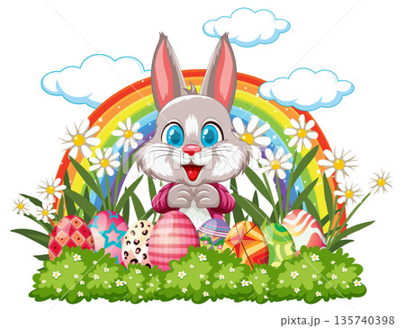 Cute Easter Bunny with Colorful Eggs and Rainbow in Garden Cute Easter Bunny with Colorful Eggs and Rainbow in Garden 135740398